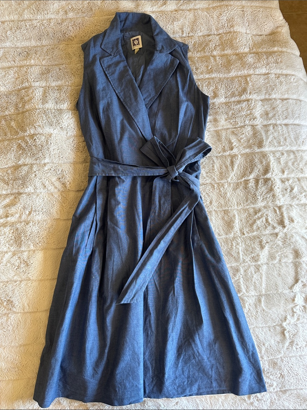 Anne Klein Sleeveless Chambray Blue Denim Wrap Midi Dress with Tie